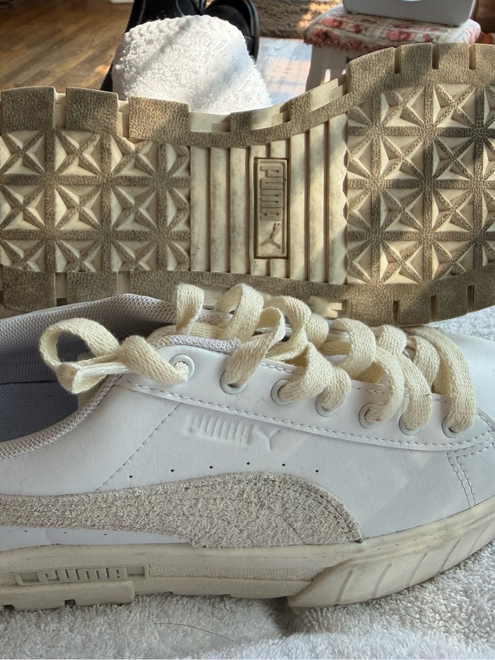 Puma Off-White/Cream Low-Top Suede-Trim Sneakers